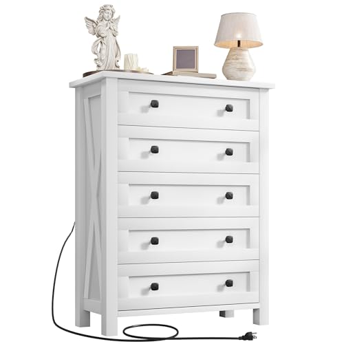 YITAHOME Farmhouse 5 Drawer Dresser for Bedroom with Power Outlets, Modern Tall Nightstand with Deep Drawers, Wood White Closet Dresser for Living Room, Entryway, Hallway