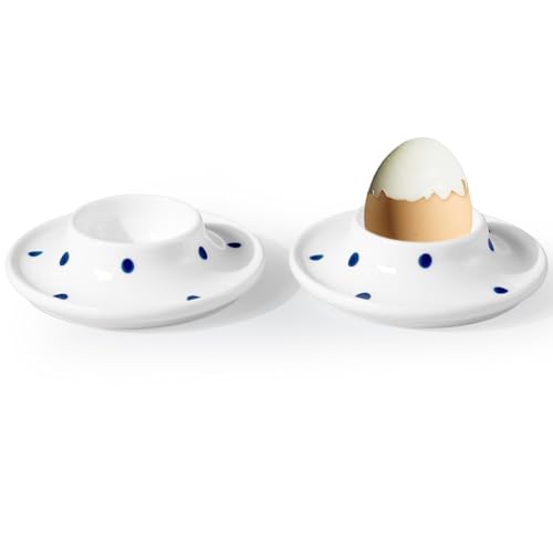 Image of Cinf Ceramic Egg Cups, Set of 2, Blue Dot Egg Holders for Breakfast