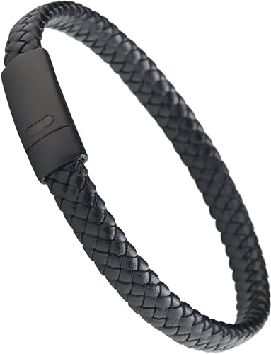 Forge & Foundry Men's Genuine Interwoven Leather Braided Bracelet with Matte Black Stainless Steel Clasp | “Hanover” (Plain Black, Medium)
