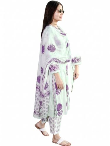 Image of Nermosa Women's Hand Block Floral Printed Straight Kurta Set with Palazzo Pants & Dupatta Ethnic Kurta Set for Casual Outings Day Events Summer Wear Festive