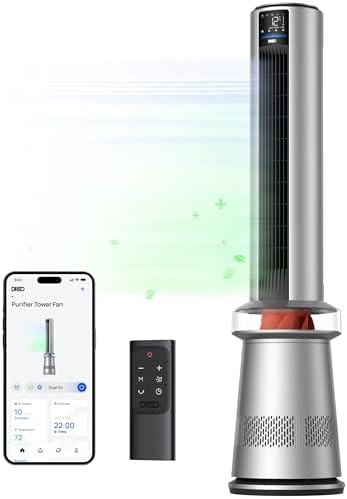 Dreo Air Purifier Tower Fan, 45" 2-in-1 Smart Fan for Bedroom, 27ft/s Velocity, 120°Oscillation, 24H Timer Bladeless Fans for Home, 25dB Low Noise, Standing Fan Works with Alexa, MC710S, Silver Orange