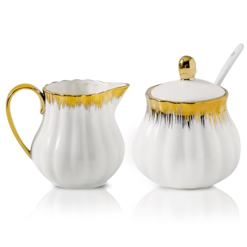 Ceramic Sugar and Creamer Set, White Sugar Bowl & Creamer