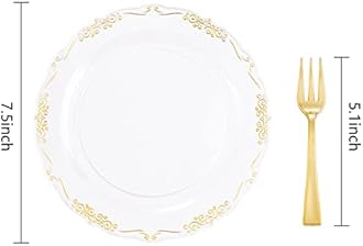 LIYH 200 Pcs Clear Gold Plastic Dessert Plates 7.5"and Cake Forks 5" - Clear Small Cake Plastic Plates and Gold Forks for Parties Wedding Birthday