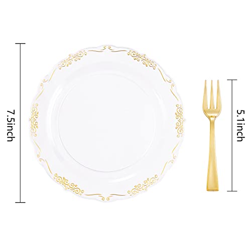 Liyh 100Pcs Gold Dessert Plates Disposable With 100Pcs Plastic Dessert Forks,Plastic Salad Plates With Gold Disposable Gold Forks, Clear Cake Plates Disposable Perfect For Parties Wedding, Birthday #TOP7