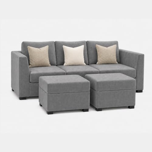 Image of FURNY Revona 5 Seater L Shape Sofa Set with 2 Movable Ottoman | Flexible Left or Right Layout | Plush Velvet Fabric (Dark Grey) | Perfect for Living Room, Guest Room & Office