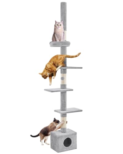 Yaheetech Cat Tree, Floor to Ceiling Cat Tower for Large Cats, 89-104.5in Height Adjustable Tall Climbing Tree w/Scratching Posts, Condo and Perches, Light Gray