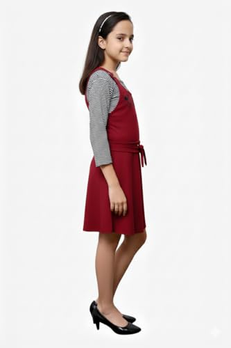 Image of FNOCKS Girls Pinafore Dress with Striped Inner Top & Bow Back Detail