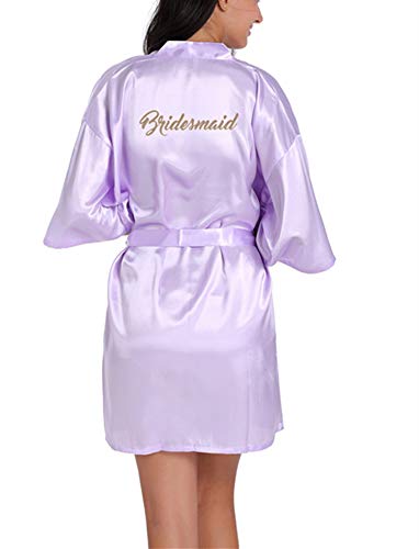 Peignoir Satin Soie Femme, DOTBUY Femme Mariée Demoiselle d'honneur Col V Peignoir Satin Robe de Chambre Kimono de Demoiselle d'honneur Pyjamas (S,Bridesmaid-Violet clair)