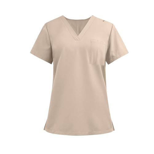 Image of FONMA Scrub Tops Women Plus Size Stretchy V-Neck Scrub Shirts with 4 Pockets Breathable Short Sleeve Nurse Uniforms
