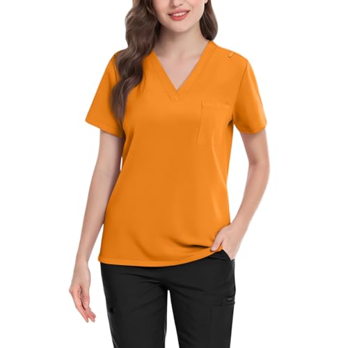 Image of FONMA Scrub Tops Women Plus Size Stretchy V-Neck Scrub Shirts with 4 Pockets Breathable Short Sleeve Nurse Uniforms