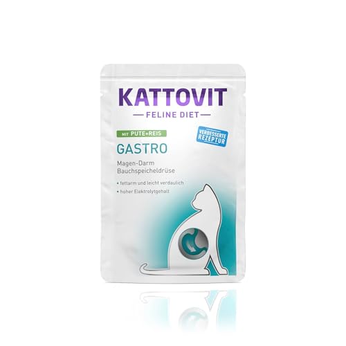KATTOVIT - Gastro Nassfutter für Katzen | Zur Unterstützung des Magen-Darm-Systems | Diät-Alleinfuttermittel im Frischebeutel für ausgewachsene Katzen | 24 x 85 g Pute mit Reis
