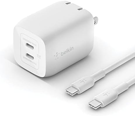 Belkin 65W Dual USB Type C Wall Charger, USB C-C Cable Included, Fast Charging Power Delivery 3.0 with GaN Technology for iPhone 13, 12, Pro, Pro Max, Mini, iPad Pro, MacBook, Galaxy, Tab and More
