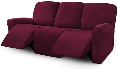 ULTICOR Velvet 8-Pieces Recliner Sofa Covers Stretch Reclining Couch Covers for 3 Cushion Reclining Sofa Slipcovers Furniture Covers Thick Soft Washable (3 Seater Recliner Cover, Wine)