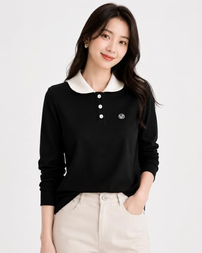 Image of Women's Polo T-Shirt | Long Sleeve Casual T-Shirt | Soft Comfortable Korean Style Trendy Top for Women
