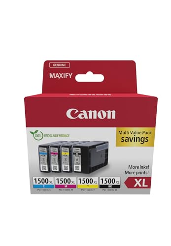 Canon PGI 1500XL, Cartucho de Tinta Original, Multipack, 4 Cartuchos de Tinta Independientes, Color Negro, Magenta, Cian, Amarillo, Compatible con Impresoras de Inyección de Tinta MAXIFY