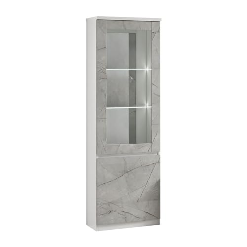 AltoBuy DEYTON - Vitrine Droite Laquée Blanc et Gris Marbré avec LEDs