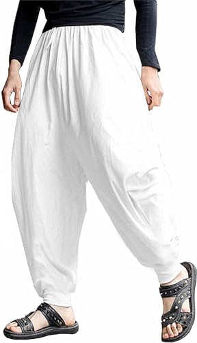 perdontoo Mens Casual Harem Pants Cotton Boho Yoga Hippie Aladdin Summer Beach Drop Crotch Trouser (34, White)2