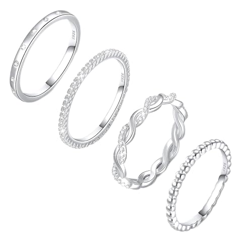 Diorra Silver Ring for Women, 4PCS Thin Sterling Silver Stackable Rings Set Cubic Zirconia...