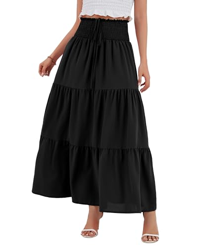 Image of TRIWORKS Black Maxi Skirt，Elegant High Waist 2 in 1 Chiffon Tiered Midi Skirt，Elastic Boho Summer Long Skirts M