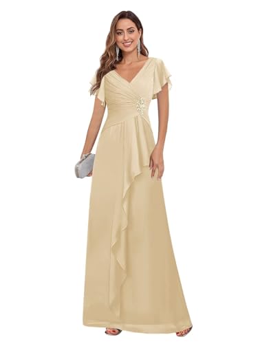 Chiffon Short Sleeve Mother of The Bride Dresses with Ruffles V Neck Beaded Pleated Wedding Guest Dress4