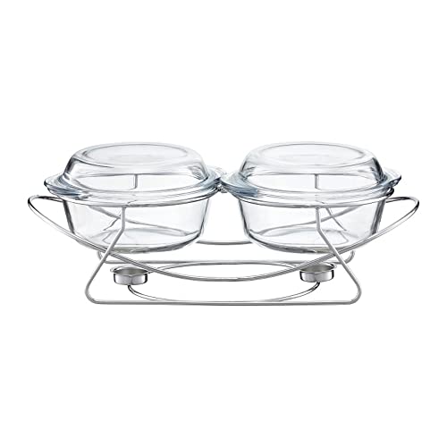 AMBITION Speisewärmer mit Glaseinsatz 2 x 2L Saule Warmhaltebehälter Warmhalteplatte 2 Kammer Servierschalen Deckel mit Griffen