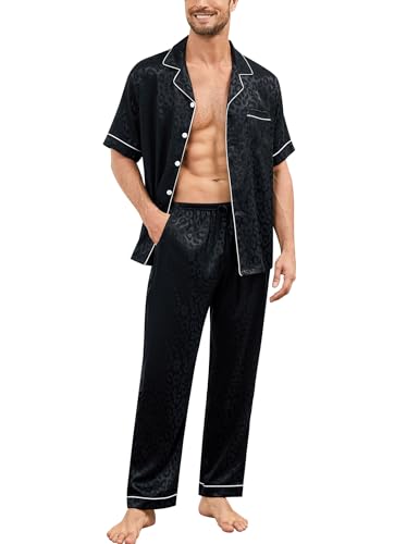Image of SWOMOG Mens Silk Pajamas Set Satin Pj Set Short Sleeve Sleepwear Button Down Lounge Set with Drawstring & Pockets S-3XL