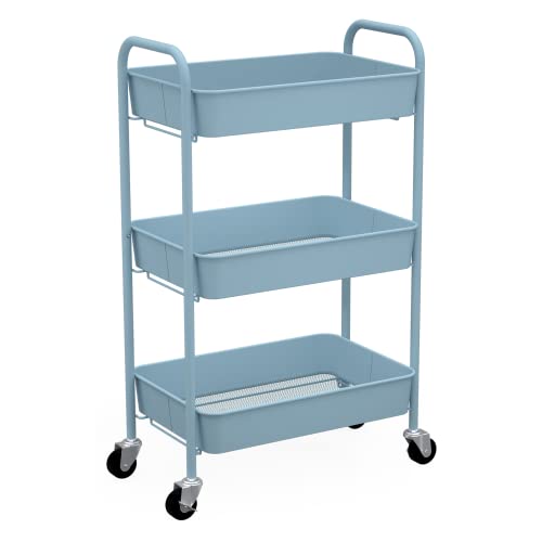 Image of CAXXA 3-Tier Rolling Metal Storage Organizer - Mobile Utility Cart with Caster Wheels, Blue