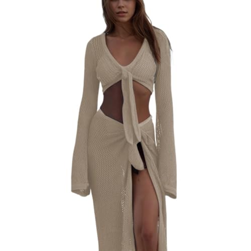 Crochet Two Piece Set Coverups Crop V Neck Long Sleeve Shirt Hollow Out Split Wrap Skirt Sexy Beach Sets