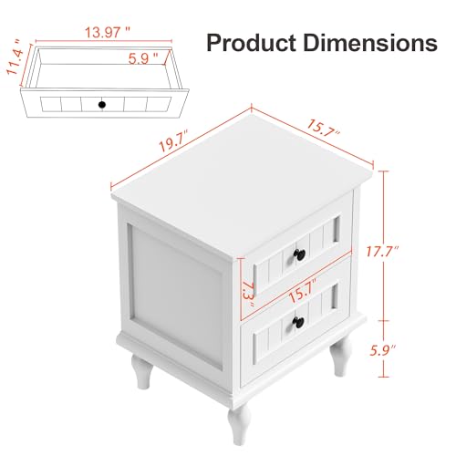 Image of Scurrty Vintage Nightstand Set of 2, Antique Style End Table with 2 Drawers, Taller Nightstand for Bedroom, Side Table for Bedroom (White)