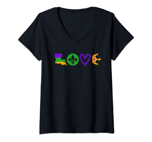 Femme Mardi Gras Carnival LOVE New Orleans Cajun Festival T-Shirt avec Col en V