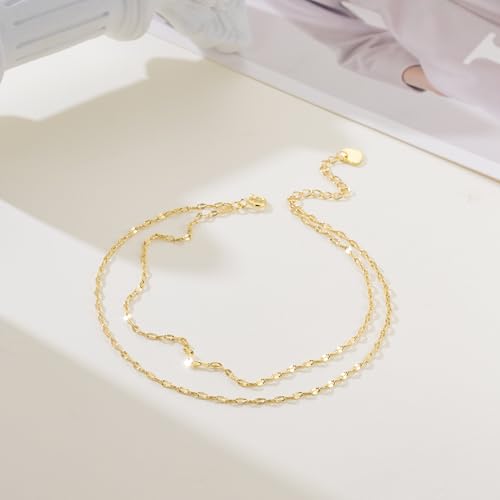 14K Gold Anklets for Women Gold Ankle Bracelets for Women Layered Anklet for Womens Ankle Bracelets Flat Mirror Chain Double-Layer Design Dainty Anklet for Womens Anklets 9.4'' to 11''3