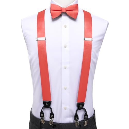 Image of Hi-Tie Men Suspender Bowtie Set Suspenders Pre-tied Bow Tie Pocket Square Cufflinks Adjustable Y Shape 6 Clips Braces Tuxedo
