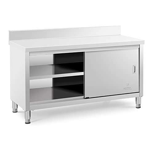 Royal Catering Tavolo Armadiato Acciaio Inox Banco Da Cucina Con Alzatina con Porte Scorrevoli RCSSCB-150x60-E-B (150 x 60 x 85 cm, 600 kg)