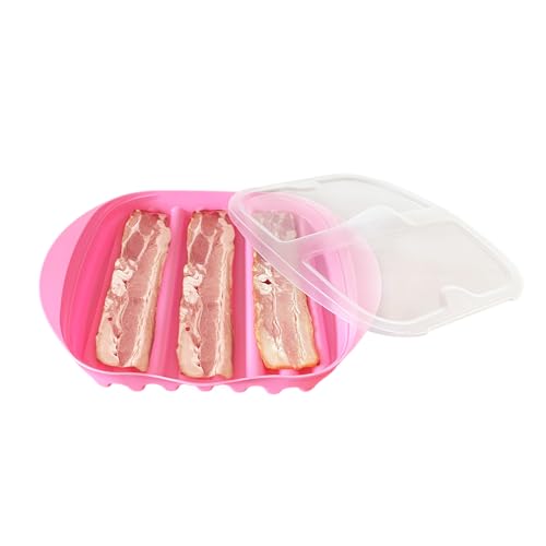 Microwave Bacon Tray with Splatter Lid, Safety, Quick and with No Mess, Microwave Bacon Cooker Make Crispy Bacon in few Minutes(pink)