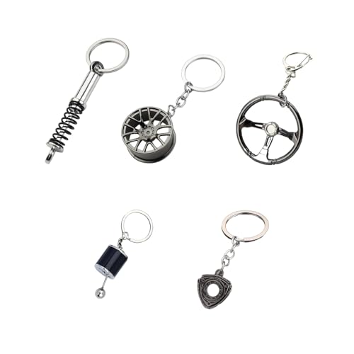 Foelony 5 PCS Car Parts Keychains Set, Metal Auto Theme Parts Keyrings Including Steering Wheel, Tire Rim, Spring, Manual Transmission, Rotor Engine, Vehicle Enthusiast Gifts for Car Lovers