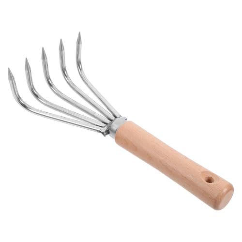 COHEALI Rastrillo de Mano Pequeño con Mango de Madera Ergonómico Herramienta de Jardinería para Aflojar Tierra y Deshierbe Cultivador Compacto de Acero Inoxidable para Huertos y Césped