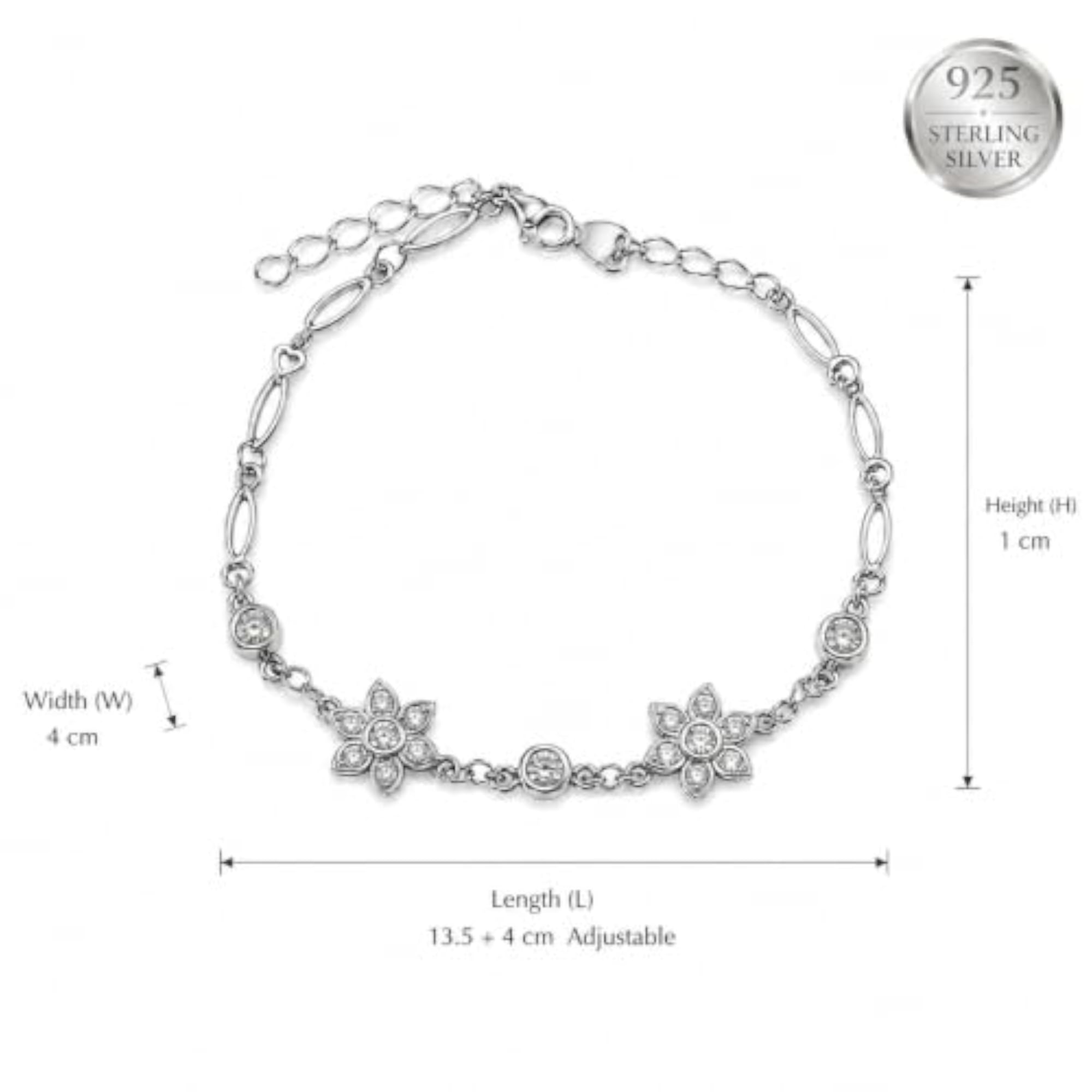 Women's 925 Sterling Silver Flower Bracelet, Adjustable Link Chain