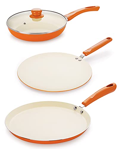 Image of Nirlon Ceramic Pots & Pan Heavy Guage 4mm Thick Aluminum Cookware 3 Pcs Set for Induction /Gas Stove Tops |3-Layer Nonstick Coatings |Heat-Resistant Handle, Orange