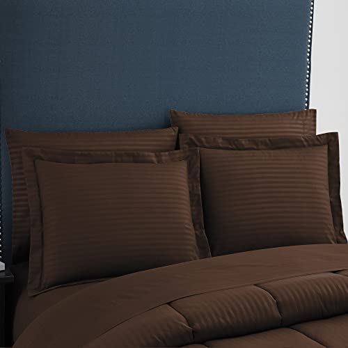 Image of Sweet Home Collection 8 Piece Bed in A Bag with Dobby Stripe Comforter, Sheet Set, Bed Skirt, and Sham Set - Queen - Chocolate