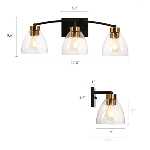 Image of KSANA Bathroom Light Fixtures, 3-Light Black and Plating Brass Vanity Lights for Bathroom, 22.8'' Modern Farmhouse Bathroom Lighting Lights Over Mirror with Clear Glass Shade