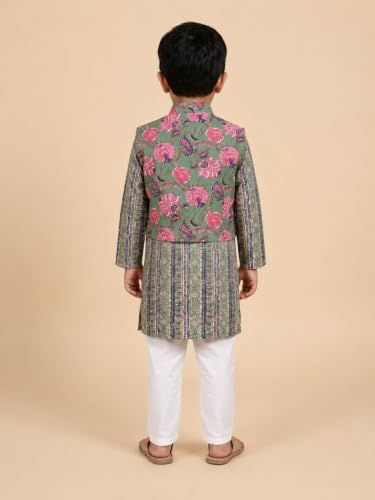 Image of The Mom Store Boys Printed Cotton Kurta Pajama Set With Jacket | Soft And Comfortable Ethnic Wear For Baby /Kids Boys | Full Sleeves Kurta Pyjama Set | Traditional Indian Outfit
