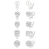 Silver Cubic Zirconia Clip on Earrings - Women Hypoallergenic Comfortable Non Pierced Stud Earrings for Wedding and Dance Competitions, Clip-on Earrings