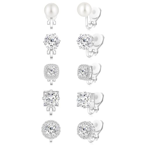 Cubic Zirconia Clip on Earrings - Women Hypoallergenic Comfortable Non Pierced Stud Earrings for Wedding and Dance Competitions, Clip-on Earrings Silver Gold