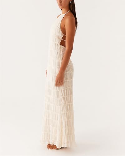 Image of Women Halter Ruched Maxi Dress Backless Sleeveless Long Dress Bodycon See Througn Pleated Sundress Beachwear