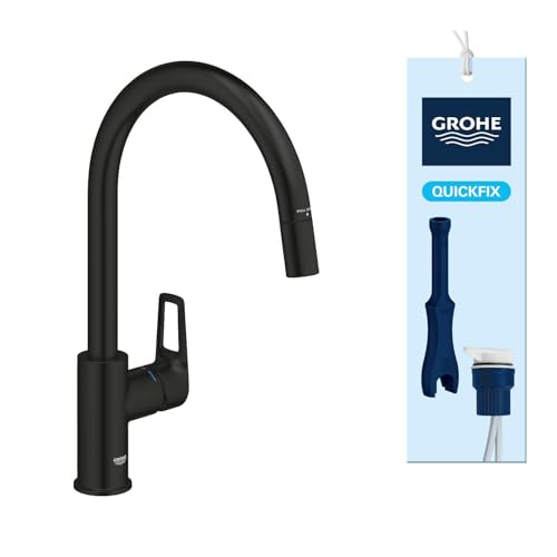 GROHE Start Loop QuickFix - Extendable Kitchen Mixer Tap with Pull-Out Function (High C-spout 357 mm, 360° Swivel Area, 28 mm Ceramic Cartridge, Tail 3/8 Inch, High Pressure), Matt Black, 305562430