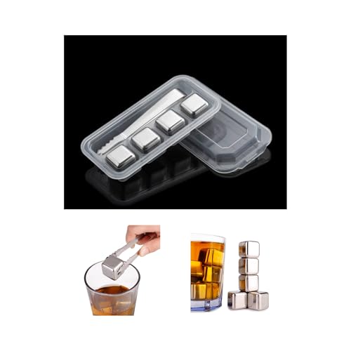 Não derrete e Não Altera Sabor da Bebida, Kit com 4 Cubos de Gelo em Aço Inox com Pegador e Estojo, Reutilizável e Fácil de Limpar para Bebidas