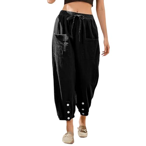 Women Elastic Waisted Cargo Pants Casual Drawstring Wide Leg Pants with Pockets Loose Button Trousers