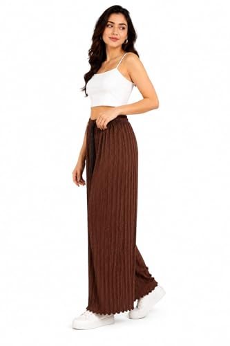 Image of Women's Textured Wide Leg Pants, Brown, Elastic Waist with Drawstring, Casual Style