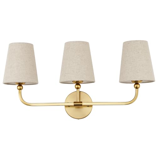 Image of 3-Light Bathroom Light Fixtures, Brushed Gold Vanity Lights with Brown Fabric Shade, Modern Sconces Wall Lighting for Hallway Bedroom, Upward Lighting, VL837-BG-L-3