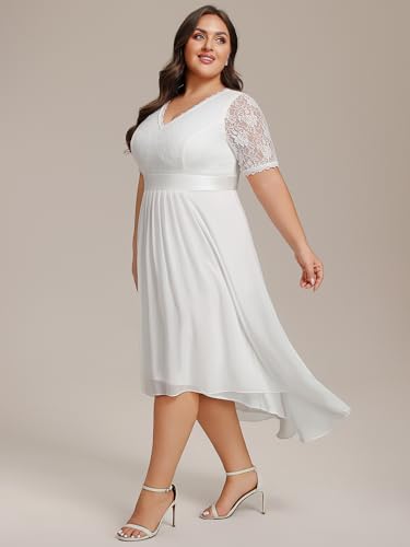 Image of Ever-Pretty Women's V Neck Pleated A Line Lace Chiffon Half Sleeves Midi Plus Size Cocktail Wedding Guest Dresses White US22